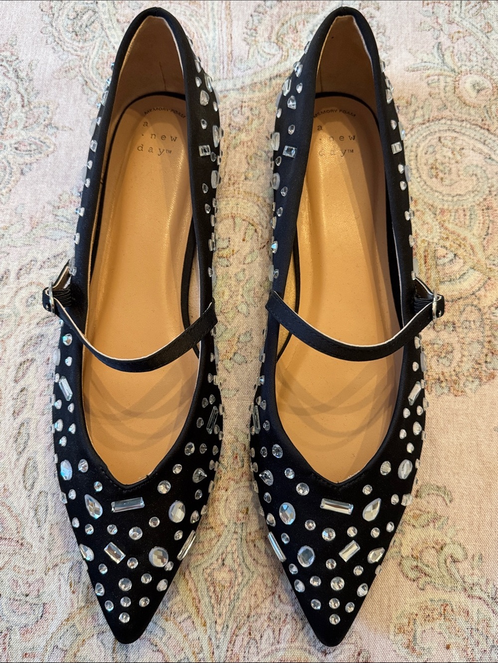 a new day Black Pointed Mary Jane Flats with Crystal Accents